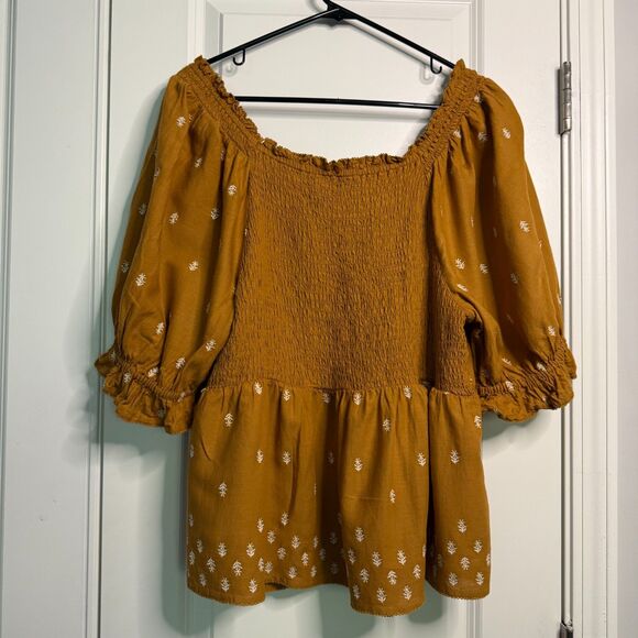 Old Navy Women Blouse 2X Ancient Gold Puff-Sleeve Smocked Embroidered Babydoll - Picture 3 of 9